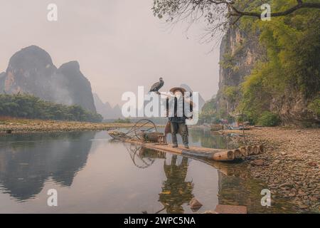 Homme chinois pêchant avec des oiseaux cormorans, Yangshuo, région du Guangxi, pêche traditionnelle utilisation des cormorans entraînés à pêcher Banque D'Images