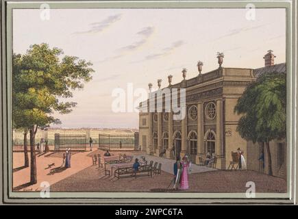 Représentation d'une promenade et d'un café le long des remparts de Vienne, peints par Mollo, Gurk et Zinke entre 1818 et 1823, montrant la vie urbaine et l'architecture. Banque D'Images