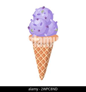 Crème glacée à la lavande. Trois boules de dessert sucré crémeux dans un cône de gaufre. Sorbet violet. Illustration vectorielle isolée sur blanc Illustration de Vecteur