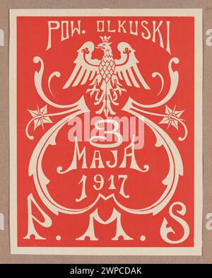 Impression de cas représentant des emblèmes et du texte polonais : poviat Olkuski 3 mai 1917 P.M. S. ; matrice scolaire polonaise ; 1917 (1917-00-00-1917-00-00); Banque D'Images