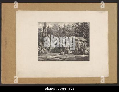 Vue sur le jardin botanique de Varsovie en 1861 montrant une chapelle en pierre dans le jardin et l'aménagement paysager environnant. Banque D'Images
