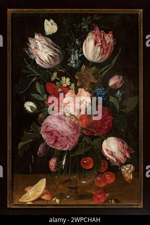 Fleurs dans un vase en verre ; Luyckx, Carstian (1623- post 1657) ; 1 po. XVII siècle (1600-00-00-1650-00-00);fleurs, peinture flamande, nature morte, papillons, oranges, roses, tulipes, cerises, coléoptères Banque D'Images