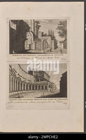 Deux vues montrant les vestiges des monuments consulaires de Dolabella et Silanus à San Tomasso in Formis sur la colline Célienne, et les vestiges du second ordre du Forum de Trajan, probablement une partie d'un théâtre, à Rome. Banque D'Images