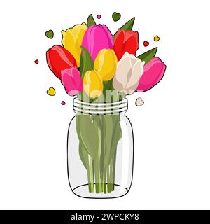 Bouquet printanier avec tulipes roses, rouges, blanches et jaunes dans un pot en verre. Clipart vectoriel avec des fleurs pour la conception, carte de voeux, bannière, conseil, flyer, soldes Illustration de Vecteur