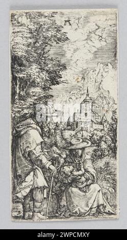 Une peinture d'Albrecht Altdorfer datant de 1515 à 1519 représentant la Sainte famille au repos pendant la fuite en Égypte, illustrant les thèmes religieux de la Renaissance et les détails du paysage. Banque D'Images