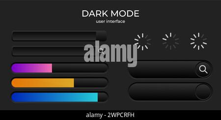 interface utilisateur mode sombre ensemble élégant simple de boutons, chargement, conception de barre de recherche Illustration de Vecteur