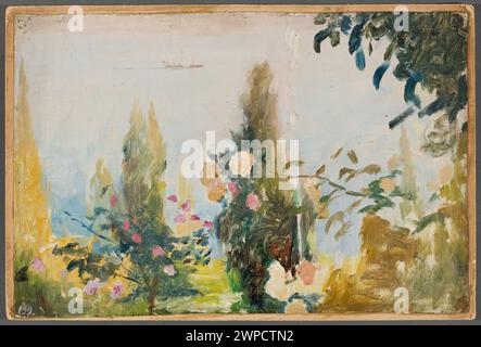 Cette peinture de Jan Cie ski montre des fleurs et des jardins de la villa Bachczi-Dere à Yalta, Crimée, avec des éléments paysagers et des paysages côtiers. Il a été transféré aux collections d'art de l'État de Varsovie. Banque D'Images