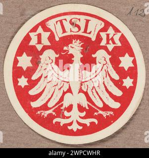 Impression de boîtier représentant des emblèmes polonais et l'inscription : TSL et 1K ; éditeur de la Société de l'école populaire (Cracovie) ; vers 1914 1920 (1914-00-00-1920-00-00); Banque D'Images