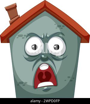 Une maison hantée animée avec une expression effrayée. Illustration de Vecteur