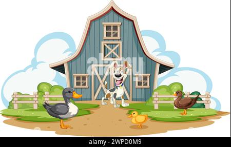 Animaux de dessins animés devant une scène de ferme. Illustration de Vecteur