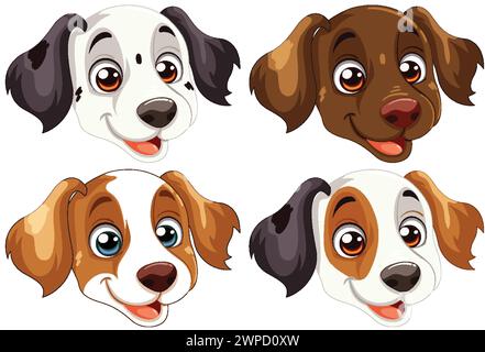 Quatre visages de chien de dessin animé illustrés par vecteur mignon Illustration de Vecteur