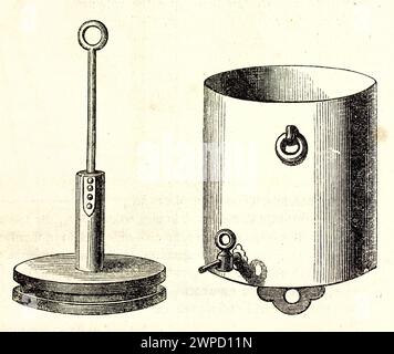 Ancienne illustration gravée montrant un piston et un cylindre utilisés pour une expérience pneumatique. Par auteur inconnu, publié dans magasin pittoresque, 1852 Banque D'Images