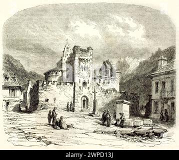 Vue ancienne de l'église des Templiers à Luz-Saint-saveur, France. Créé par Girardet, publié sur magasin pittoresque, Paris, 1852 Banque D'Images