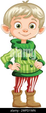 Personnage d'elfe souriant vêtu de vêtements sur le thème des fêtes. Illustration de Vecteur