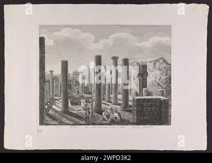 Représentation des ruines de la Casa di Pansa à Pompéi, montrant des vestiges de murs, colonnes, fresques et mosaïques de sol de l'ancienne résidence romaine. Banque D'Images