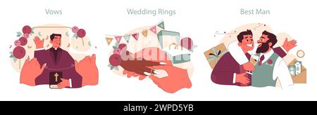 Ensemble moments de mariage. Prêtre guidant les vœux du couple, mains échangeant des anneaux de mariage, et meilleur homme célébrant avec le marié. Ambiance de cérémonie. Ambiance festive. Illustration vectorielle plate. Illustration de Vecteur