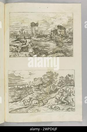 Cette gravure de 1682 de Valentin le Febre présente deux paysages : l'un représentant une scène au bord de la rivière et l'autre représentant un berger avec un troupeau de moutons. L'œuvre est inspirée des compositions de Titien et publiée par Jacob Van Campen à Venise. Banque D'Images