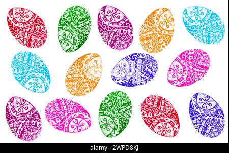 Ensemble d'oeufs de Pâques de différentes couleurs. Disposés aléatoirement sur un fond blanc. Rempli de divers ornements géométriques. Rouge, orange, vert, bleu, pu Banque D'Images