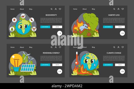 Bannière Web de recherche écologique ou page d'arrivée nuit ou mode sombre défini. Influence humaine, défis environnementaux. Changement climatique et pollution. Biodiversité, énergie verte, durabilité. Vecteur plat Illustration de Vecteur