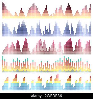 Ensemble de vecteurs d'ondes sonores. EGALISEUR audio. Ondes sonores et audio isolées sur fond noir. Illustration de Vecteur