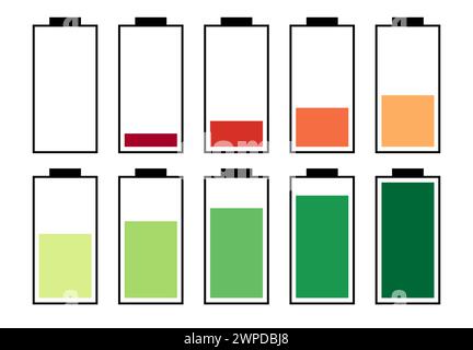 Un jeu de dix batteries avec différents indicateurs de charge. Illustration vectorielle Illustration de Vecteur