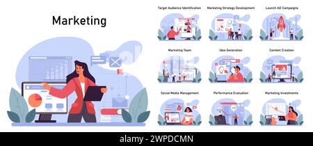 Ensemble d'éléments essentiels marketing. Étapes complètes du workflow marketing, de l'identification du public aux investissements. Équipe diversifiée, planification stratégique et exécution. Illustration vectorielle plate Illustration de Vecteur