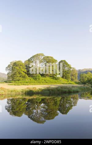 UK, Cumbria, Lake District, les brochettes Langdale à l'aube se reflètent dans Elterwater. Banque D'Images