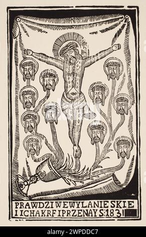 Une estampe de 1921 illustrant le miracle eucharistique de 1330 à Walldürn, représentant Jésus-Christ, la Crucifixion et l'iconographie religieuse associée, faisant partie de la collection de gravures folkloriques polonaises de Zygmunt Łazarski. Banque D'Images