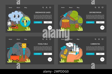 Changement climatique nuit ou mode sombre bannière Web ou page de destination définie. Augmentation de la température de la planète et élévation du niveau de la mer due aux émissions de CO2. Préservation de la nature, durabilité. Illustration vectorielle plate Illustration de Vecteur
