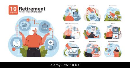 Départ à la retraite. Naviguer dans la sécurité financière dans les années suivantes. Régimes de retraite, comptes individuels et soins de santé. La poursuite d'un avenir stable et insouciant. Illustration vectorielle plate. Illustration de Vecteur