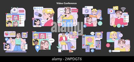 Kit de visioconférence. Communication numérique moderne avec des personnages ludiques. Réunions virtuelles, discussions en ligne et webinaires. Plateformes interactives, partage de contenu et discussions animées. Illustration de Vecteur