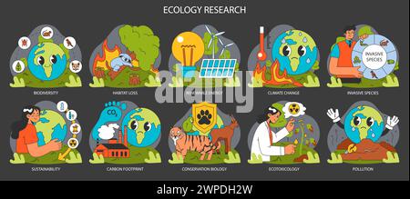 Mode nuit ou sombre pour la recherche écologique. Influence humaine, défis environnementaux. Changement climatique et pollution de l'environnement. Biodiversité, énergies renouvelables, durabilité. Illustration vectorielle plate Illustration de Vecteur