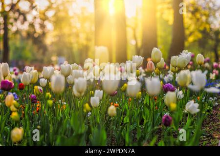 Belles tulipes colorées sur le paysage de nature ensoleillée floue de printemps. Panorama de fleurs de tulipes florissantes lumineuses pour le concept d'amour de la nature printanière. Romantique Banque D'Images