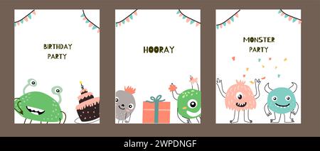 Mignon monstre - ensemble de cartes pour les vacances. L'illustration vectorielle peut être utilisée pour la bannière, le fond d'anniversaire de bébé, la carte de voeux, l'affiche pour l'intérieur. Mignon a Illustration de Vecteur
