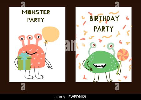 Ensemble d'affiches d'anniversaire avec des monstres mignons. fond vertical de bébé pour carte d'anniversaire. Illustration de Vecteur