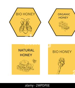 Ensemble de croquis dessiné à la main d'étiquettes de miel. L'illustration vectorielle peut être utilisée pour l'emballage du papier, du textile, de l'étiquette alimentaire, de l'impression pour les produits de miel biologiques. Illustration de Vecteur