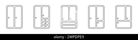 jeu de vecteurs d'icônes de garde-robe. Modèles de diverses armoires linéaires. Concept d'icône de meubles de maison. Lieu de vecteur de vêtement. Illustration de Vecteur