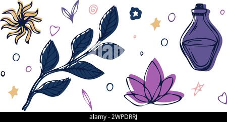 bouteille de vecteur avec potion, feuilles, fleur de lotus, soleil et commence, coeurs, points. Illustration vectorielle noire avec fond de couleur de tendance d'isolé Illustration de Vecteur