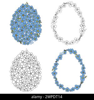 Oeuf de Pâques Forget me Not Wild petit motif de fleur bleu défini pour la conception de surface. Cadre de printemps de vecteur floral dessiné à la main pour carte ou invitations. Illustration de Vecteur