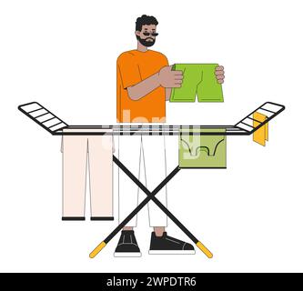 Séchage à l'air des vêtements sur l'illustration plate de dessin animé de ligne de rack Illustration de Vecteur