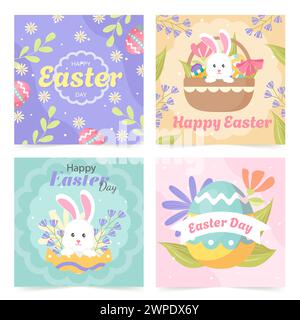 Oeufs de Pâques et lapins de Pâques. Joyeuses pâques. Bonjour Pâques. Cartes postales aux couleurs vives. Bannières, affiches. illustrations vectorielles plates Illustration de Vecteur