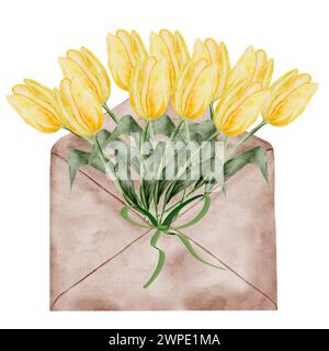Aquarelle tulipes. Fleurs de printemps jaunes dans une enveloppe en papier. Illustration botanique sur fond blanc isolé. Pour les cartes de vœux et les invitations Banque D'Images