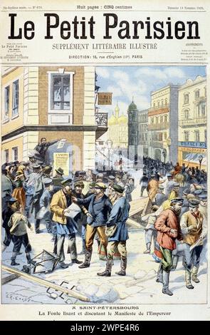 Dans Pétersbourg : la foule lisant et discutant le manifeste de l'Empereur - dans 'le petit Parisien' du 11/19/1905 Banque D'Images
