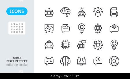Icônes d'intelligence artificielle IA. Les technologies intelligentes pour le robot est le cerveau. Invite à configurer une demande de machine. Algorithmes de l'esprit. Symboles de ligne pixel parfait et éditable trait 48x48. Illustration de Vecteur