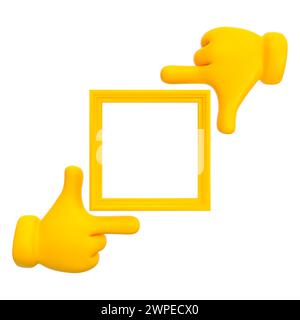 Cadre jaune avec mains de dessin animé isolées. Maquette de geste de mise au point. rendu 3d. Banque D'Images