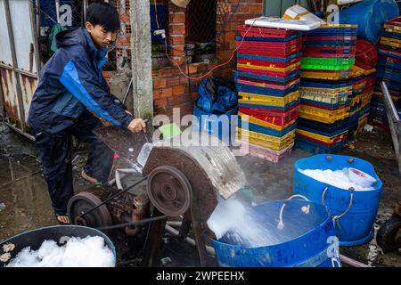 Ouvrier avec des blocs de glace au marché aux poissons de Hoi an Banque D'Images