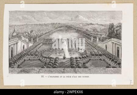 Gravure lithographique représentant un fragment du parc de Versailles, incluant Oran EIA et l'étang suisse, créée par Jean Best et Laurent Hotelin, publiée par Brunox entre 1850 et 1865. Banque D'Images