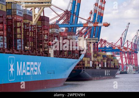 Magleby Maersk Container Frachter im EUROGATE Container terminal, Waltershofer Hafen, gehört zu den größten Containerschiffen der Welt , Kapazität von 18 270 teu, Triple E Klasse, MSC Containerfrachter, Hamburg, Deutschland Containerschiff *** Magleby Maersk container Freighter at EUROGATE Container terminal, Waltershofer Hafen, est l'un des plus grands porte-conteneurs dans le monde, capacité de 18 270 teu, classe Triple E, cargo de conteneurs MSC, Hambourg, Allemagne porte-conteneurs Banque D'Images