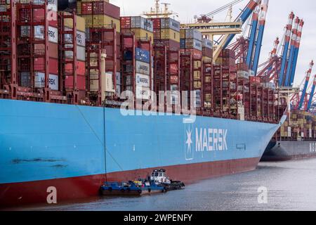 Magleby Maersk Container Frachter im EUROGATE Container terminal, Waltershofer Hafen, Entsorgung von flüssigen und festen Schiffsabfällen, slop-, Bilgen- und Tankwaschwässer, ölverschmutzte Betriebsmittel, Hanseslop II, Entsorgungs Tank, Hamburg, Deutschland Schiffsabfall Entsorgung *** Magleby Maersk container Freighter at EUROGATE Container terminal, Waltershofer Hafen, élimination des déchets liquides et solides des navires, des eaux de slop, de cale et de lavage des citernes, équipements contaminés par les hydrocarbures, Hanseslop II, citerne d'élimination, Hambourg, Allemagne élimination des déchets des navires Banque D'Images