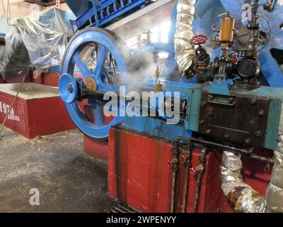 Porto Da Cruz, Portugal. 15 mars 2023. Les machines fonctionnent dans le moulin traditionnel de canne à sucre, Companhia dos Engenhos do Norte, à Porto da Cruz, sur la côte nord de l'île atlantique de Madère. Ici, la canne à sucre est transformée en rhum, aguardiente. Le site de production abrite des machines, dont certaines ont plus de 100 ans. Crédit : Beate Schleep/dpa/Alamy Live News Banque D'Images